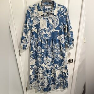 Tahari ASL Blue and White Floral Long Sleeve Dress